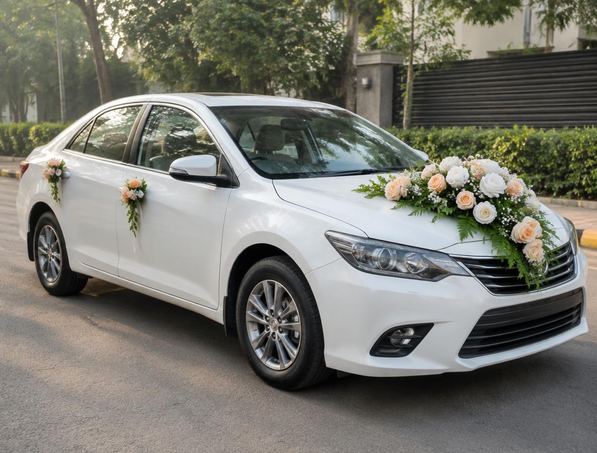 White car decorated with fresh cream and peach flowers