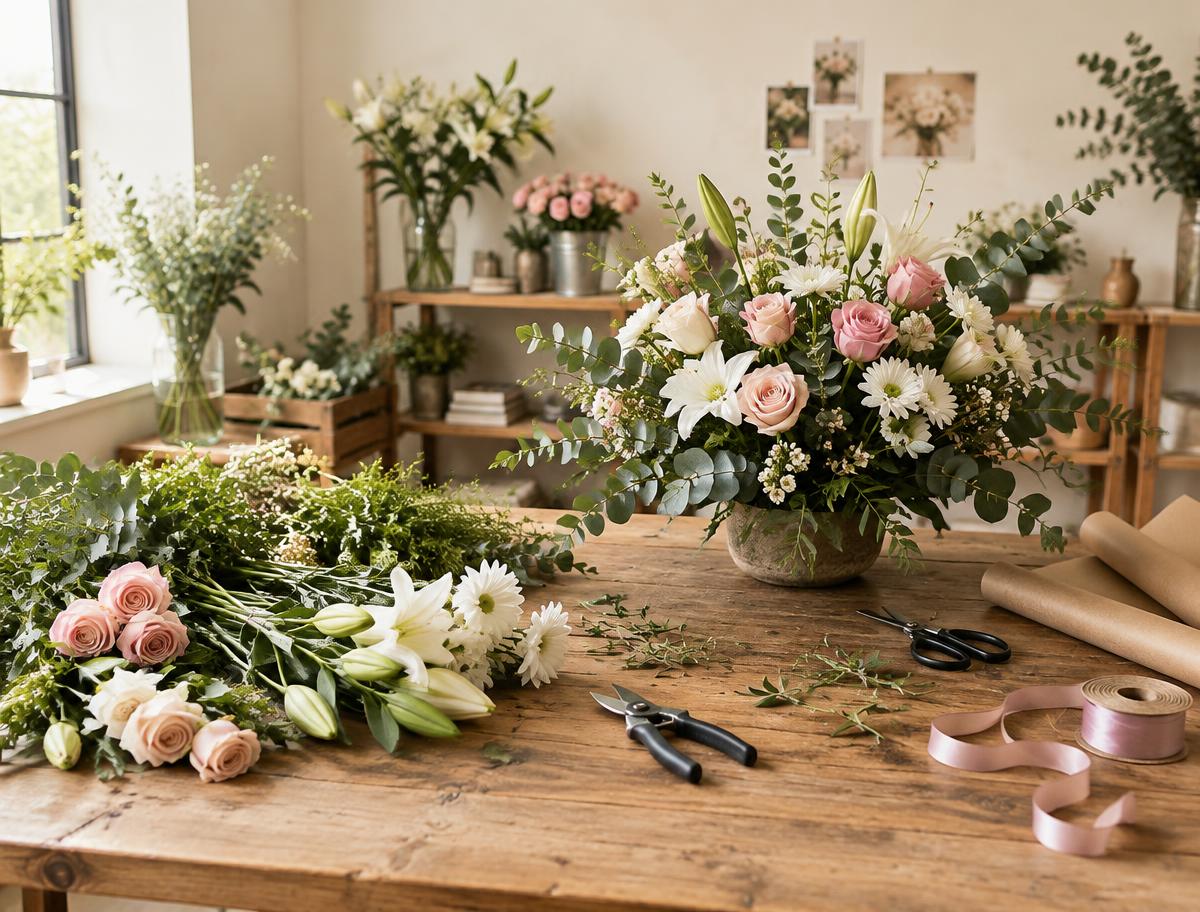 Florist creating a custom arrangement with fresh natural flowers