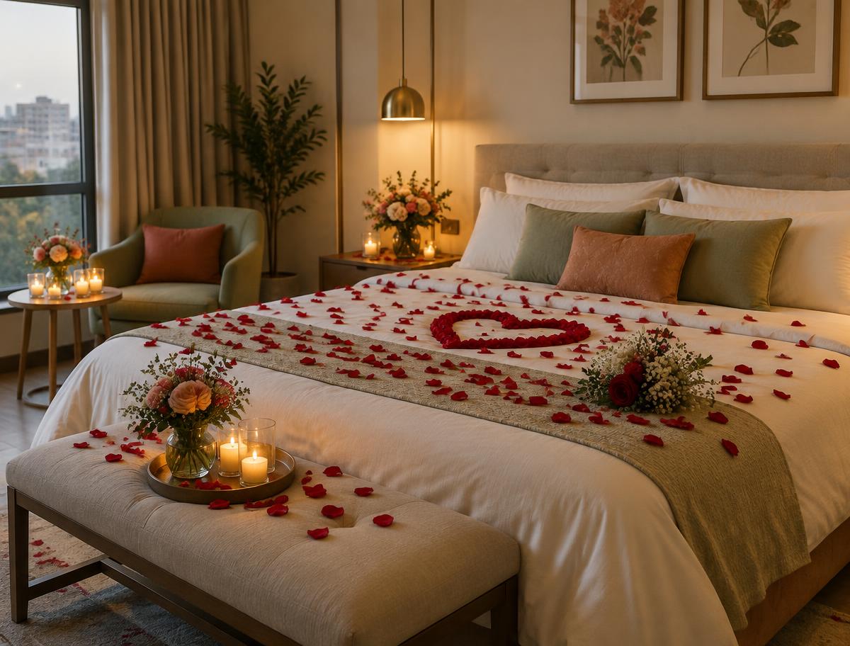 Warm bedroom decorated with rose petals, flowers and candles
