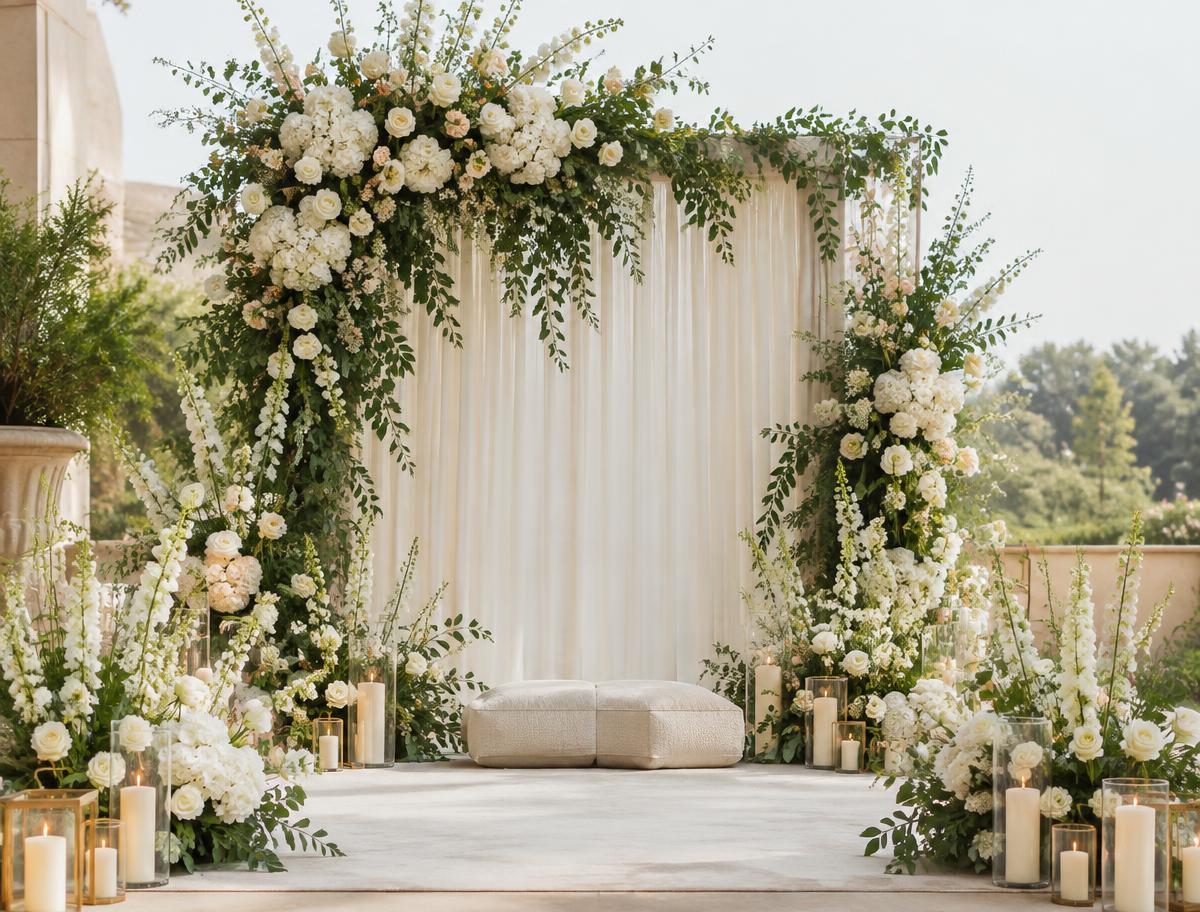 White wedding flowers and greenery around a ceremony backdrop
