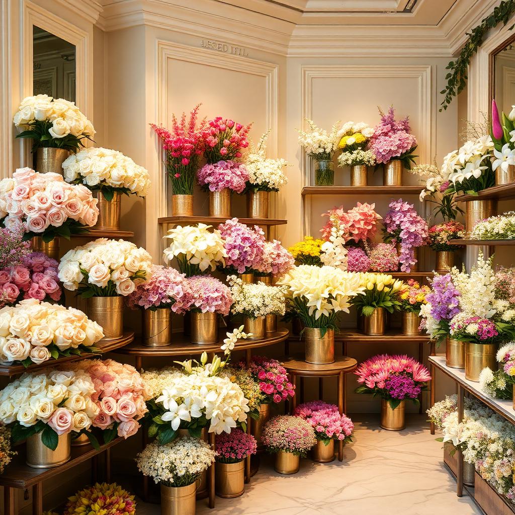 Fresh flowers in ceramic buckets at the Fiora Bloesem atelier counter