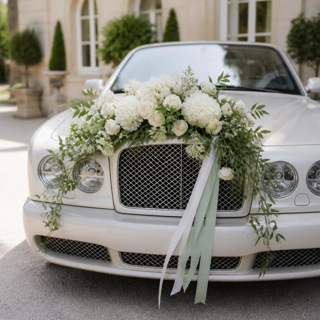 Luxury wedding car decorated with fresh white flowers and greenery