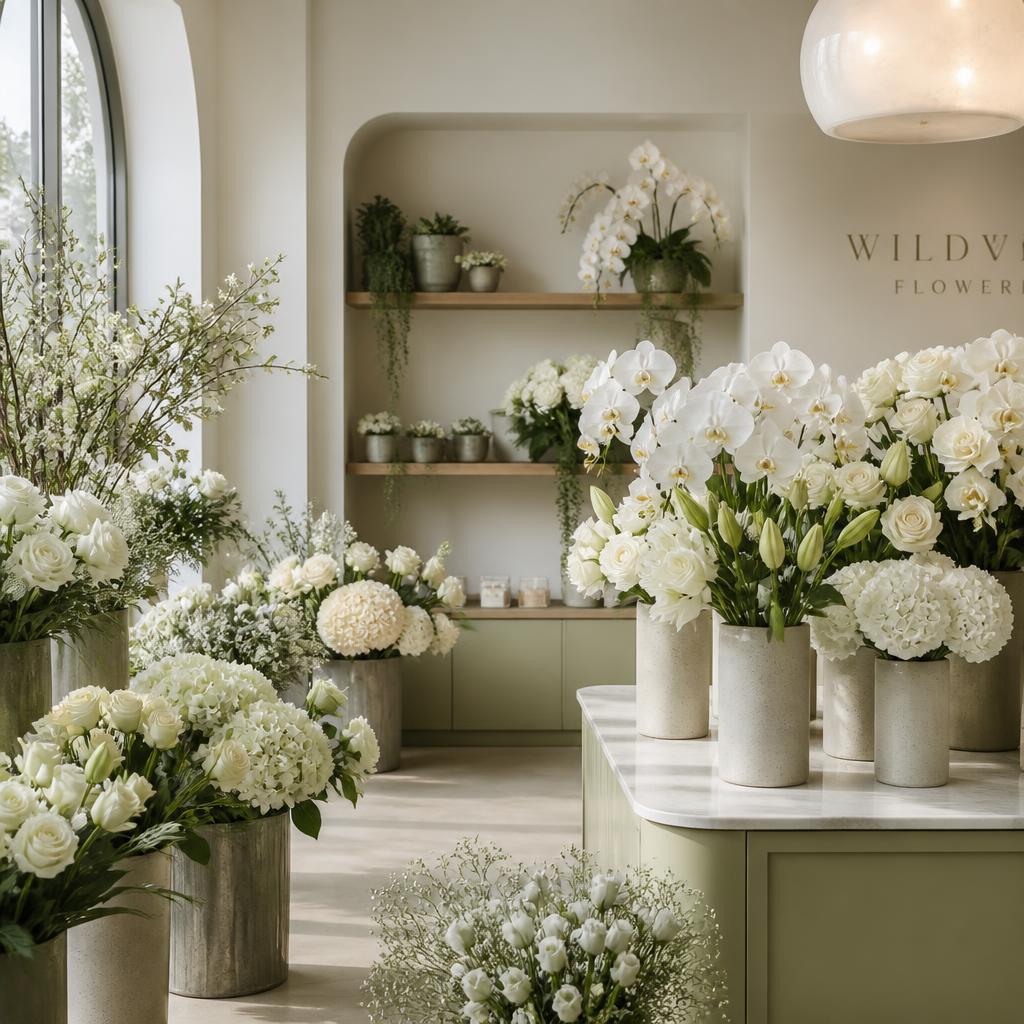 Premium flower boutique with beautifully arranged white and cream flowers in ceramic vases